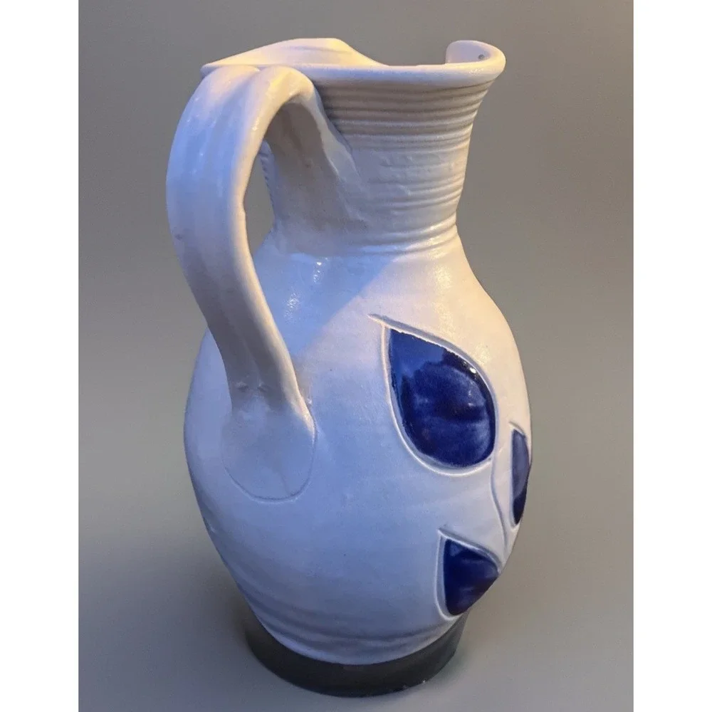 Williamsburg Pottery Pitcher Jug Vase Cobalt Blue Salt Glaze Floral 8.25